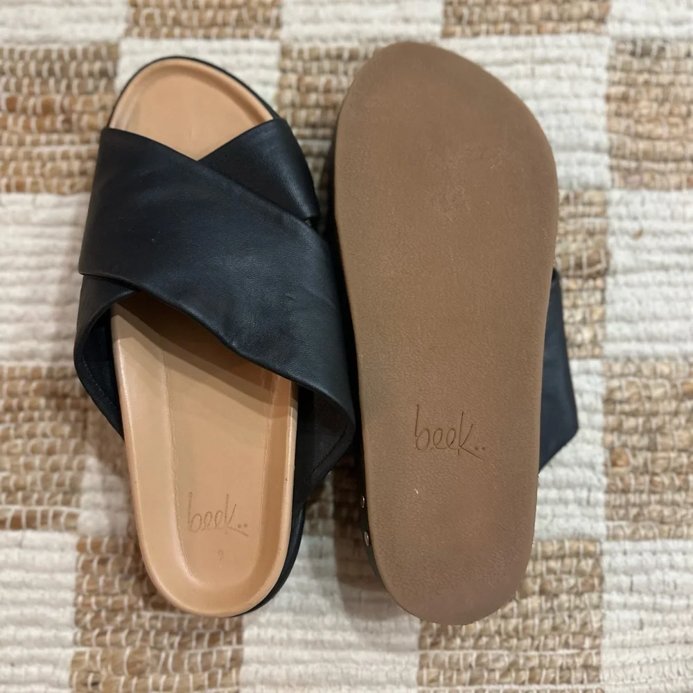 beek Black Leather Crossband Slide Sandals with Tan Footbed